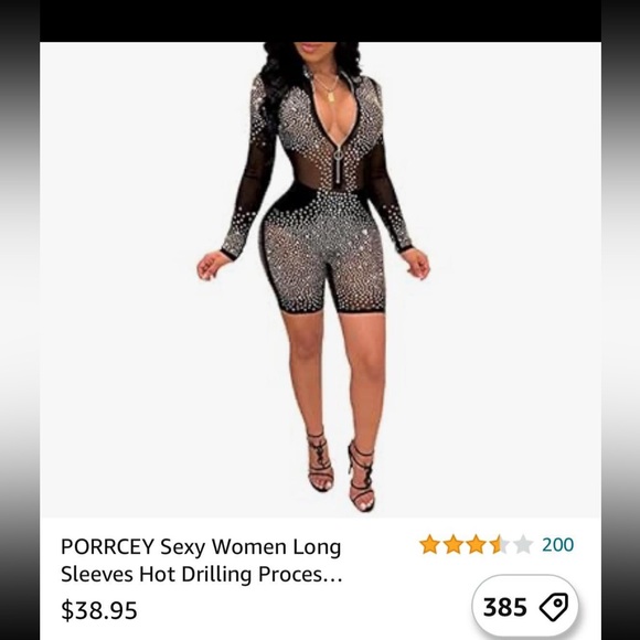 Women’s long sleeve, biker short, 1 piece sheer bodysuit with rhinestones - Picture 12 of 16